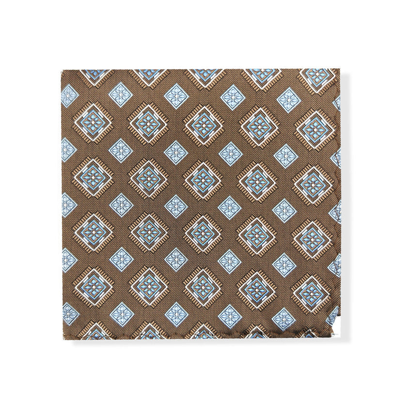 Brown Blue Square Geometric Tie & Pocket Square Set