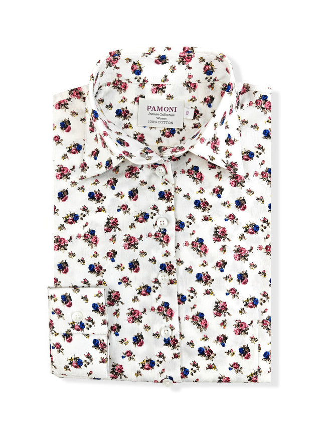 White Pink and Blue Flower Print Women's Shirt