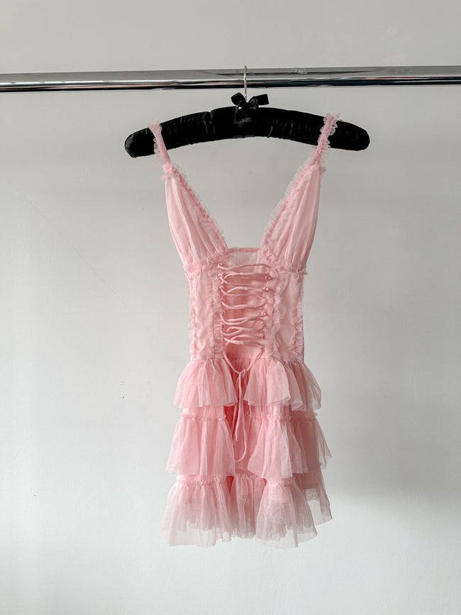Amy Jane London Pink Iris Lace Coquette Corset Bodice Tiered Ruffle Tulle Hem Mini Dress