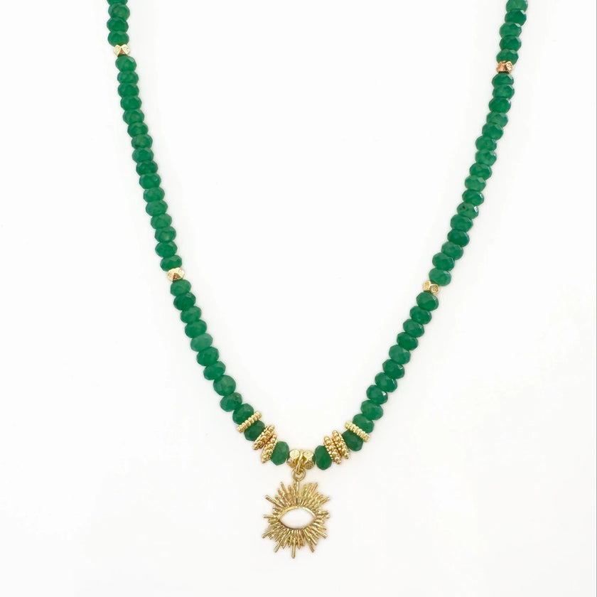 Soleia Green Boho Beaded Necklace with Sunburst Pendant