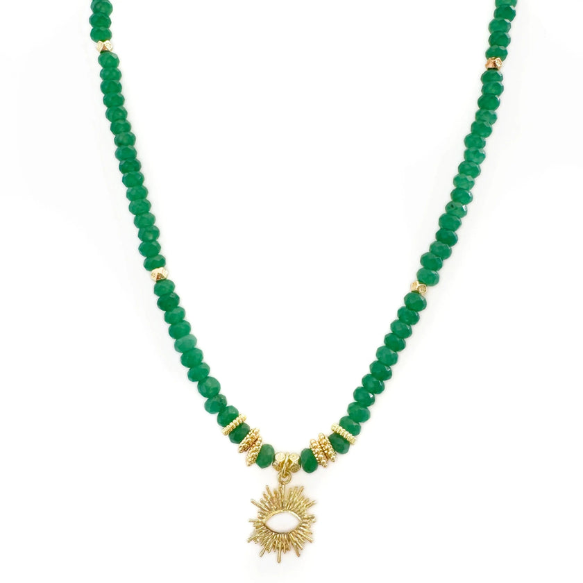 Soleia Green Boho Beaded Necklace with Sunburst Pendant