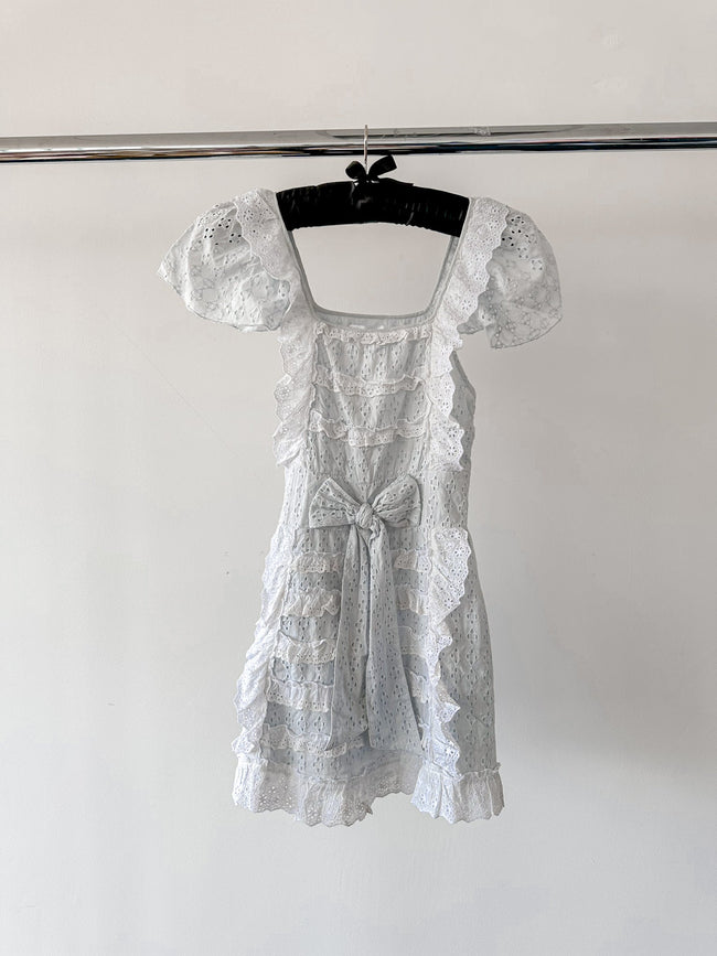 Amy Jane London White Gigi Milkmaid Bow Front Anglaise Broderie Coquette Mini Dress