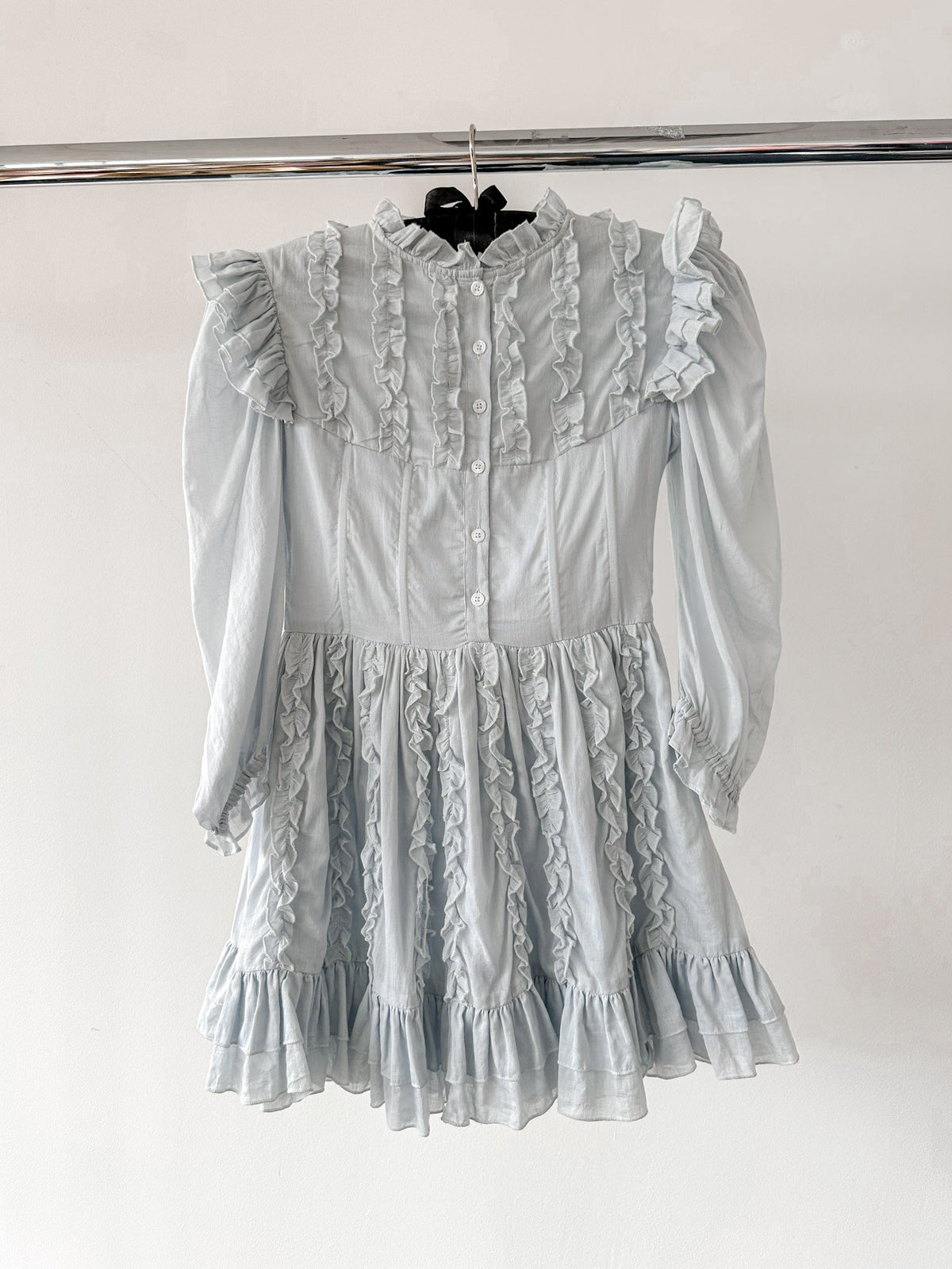 Amy Jane London Blue Annie Ruffle Pleat Detail Puff Sleeve Mini Dress
