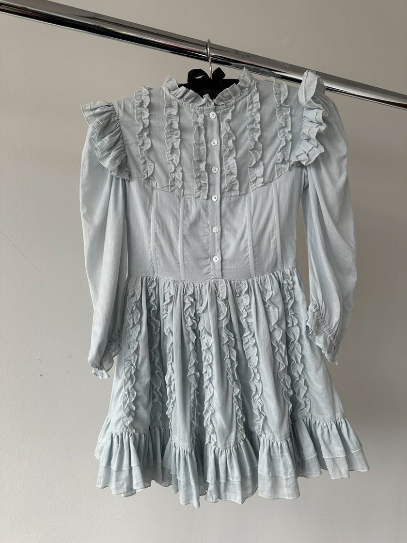 Amy Jane London Blue Annie Ruffle Pleat Detail Puff Sleeve Mini Dress