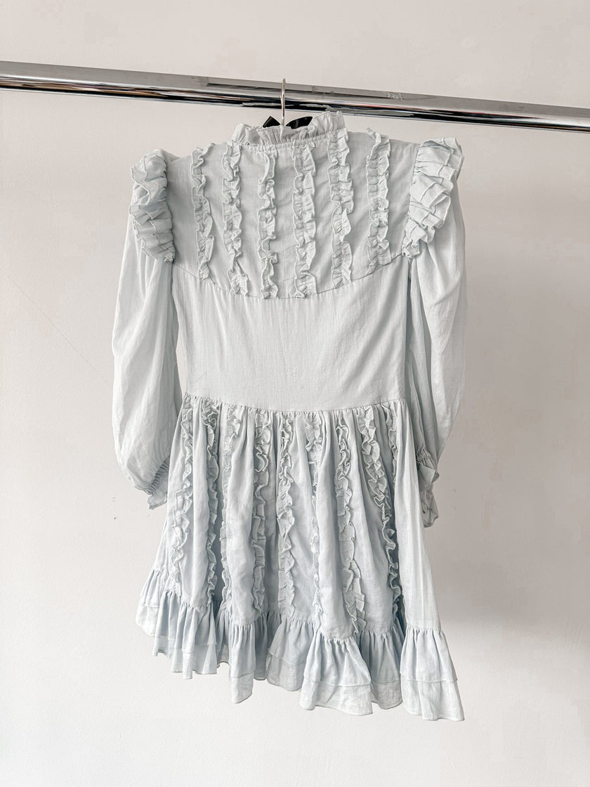Amy Jane London Blue Annie Ruffle Pleat Detail Puff Sleeve Mini Dress