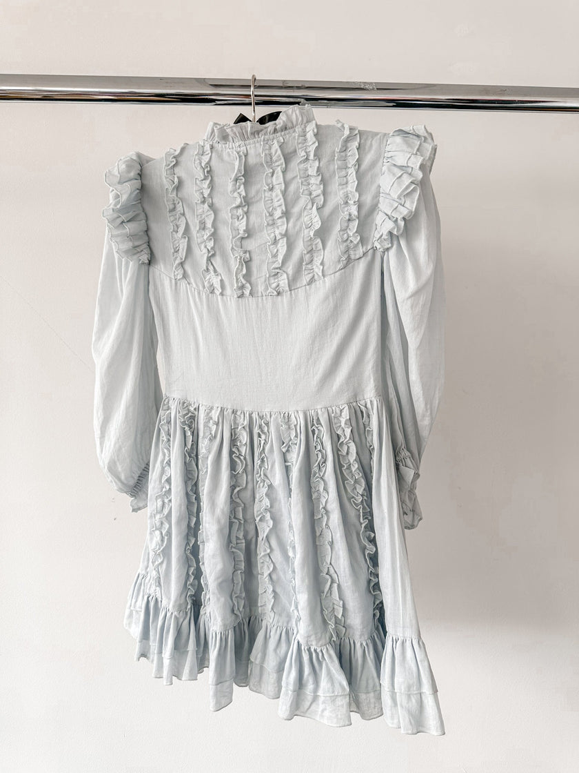 Amy Jane London Blue Annie Ruffle Pleat Detail Puff Sleeve Mini Dress