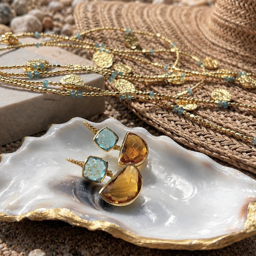 Charis Halfmoon Double Gemstone Earrings Blue Topaz & Citrine