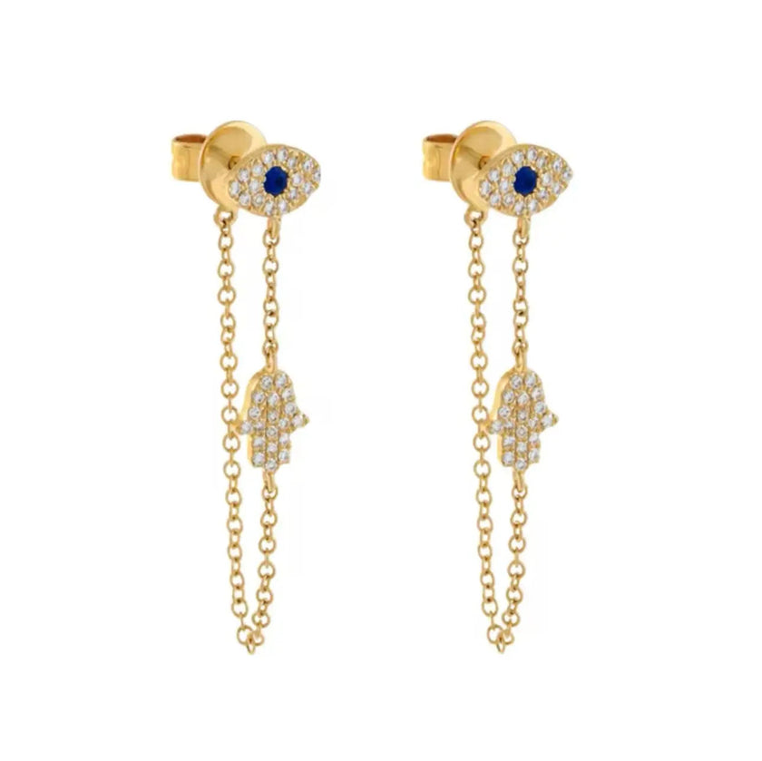 Boucles d'oreilles créoles Indrina à breloques œil porte-bonheur ornées de bijoux