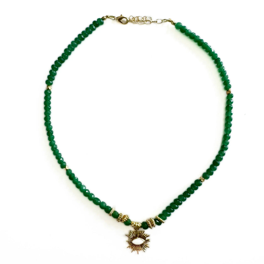 Soleia Green Boho Beaded Necklace with Sunburst Pendant