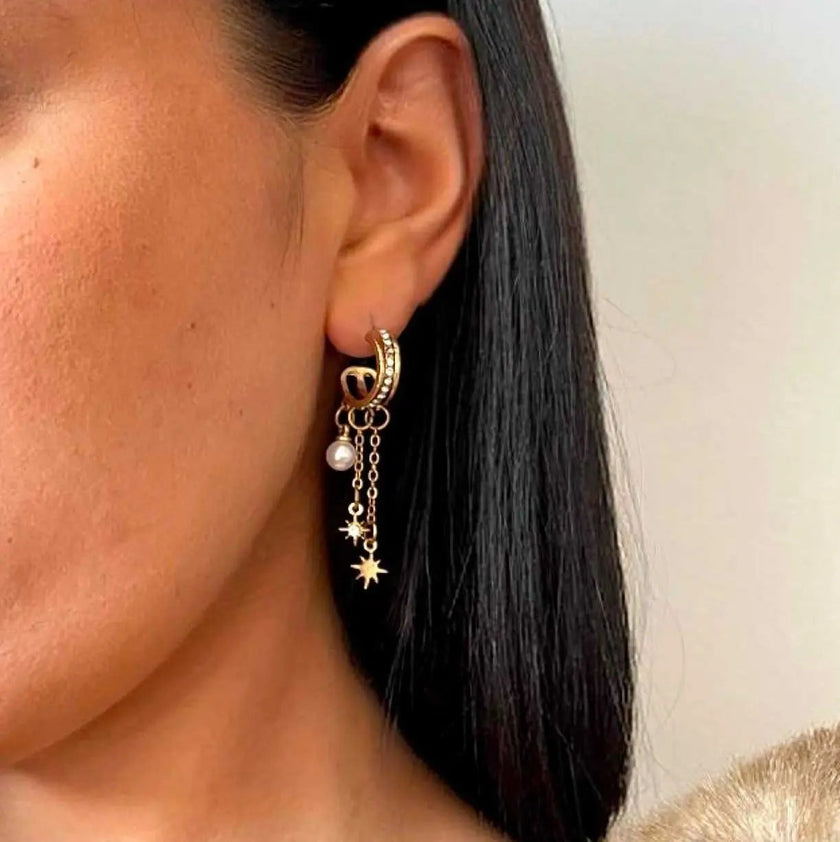 Estella Triple Hoop Celestial Pearl Earrings