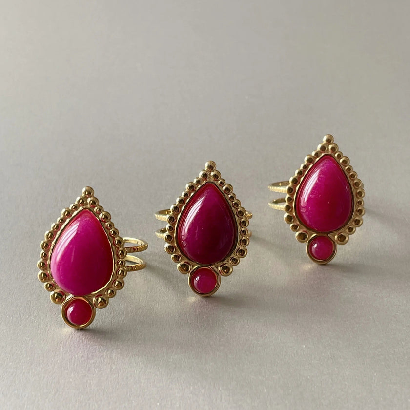 Adhira Luxe 18k Gold  Plated Pink Teardrop Stone Ring
