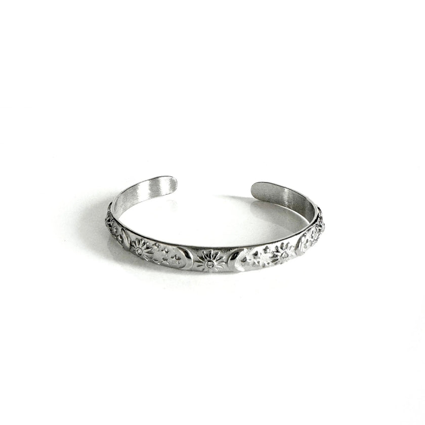 Bracciale rigido Helia Luxe color argento con motivi celestiali