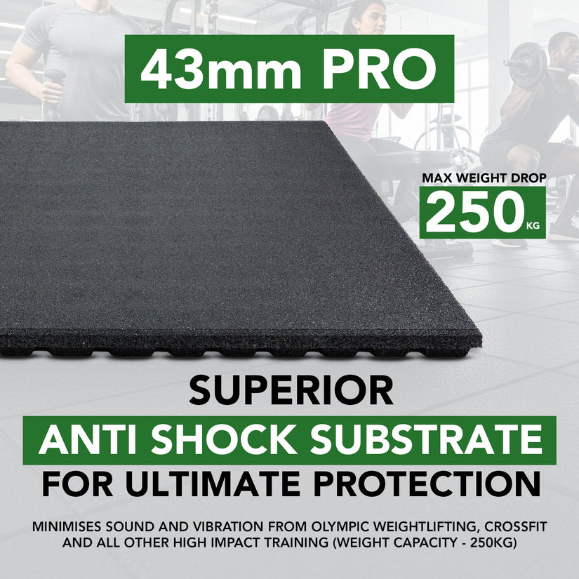 43mm Rubber Gym Flooring Tiles – Anti-Shock Heavy Duty Gym Floor Tiles – Sprung PRO
