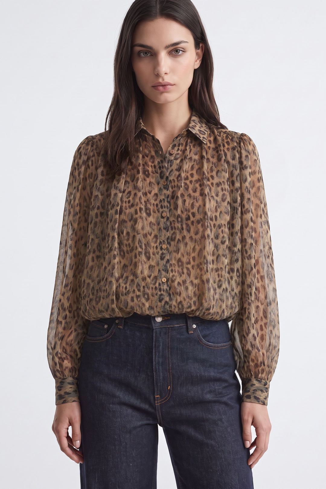 Leopard Print Long Sleeve Puffball Blouse