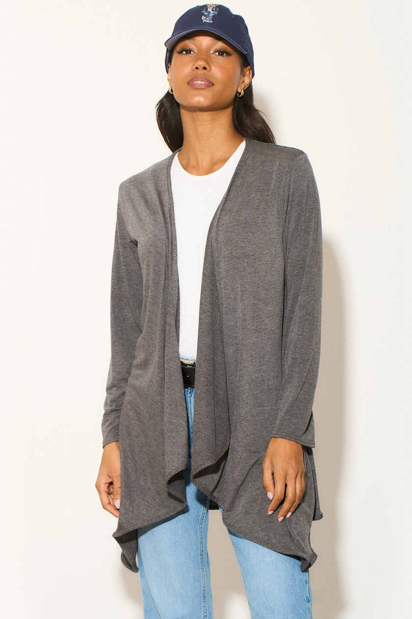 Anthrazitfarbene Wasserfall-Strickjacke