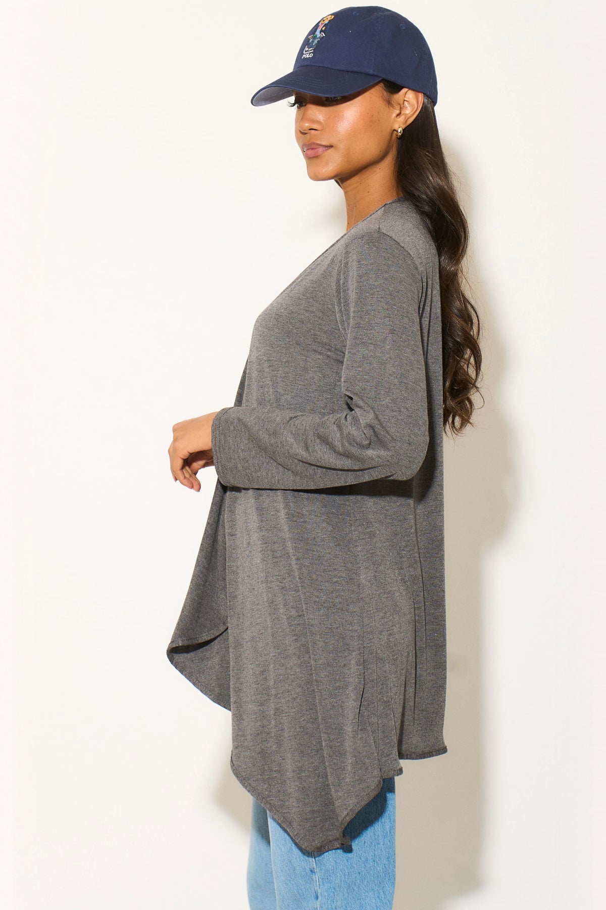 Anthrazitfarbene Wasserfall-Strickjacke