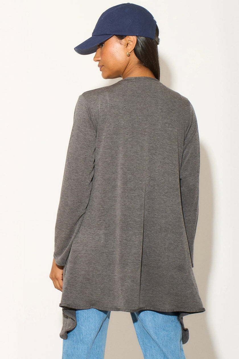 Anthrazitfarbene Wasserfall-Strickjacke