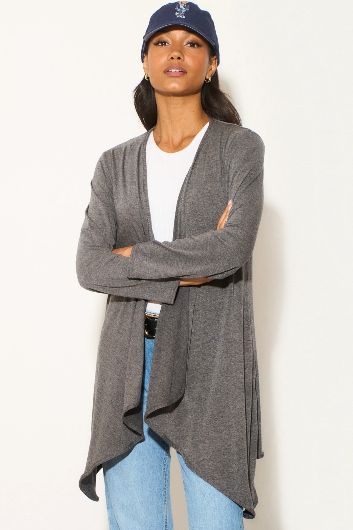 Anthrazitfarbene Wasserfall-Strickjacke