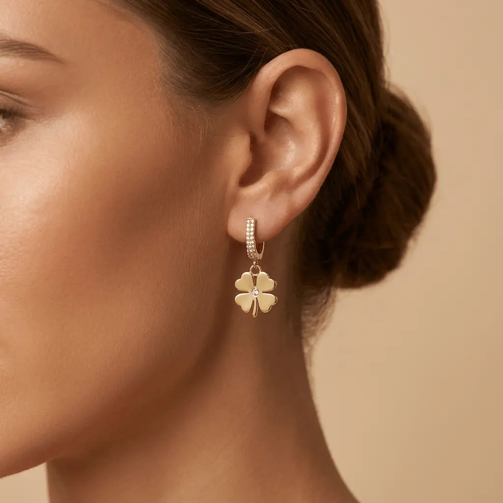 Solid Gold Earrings – Lucky Clover Drop Hoop | Gold | Majestic Jewellery