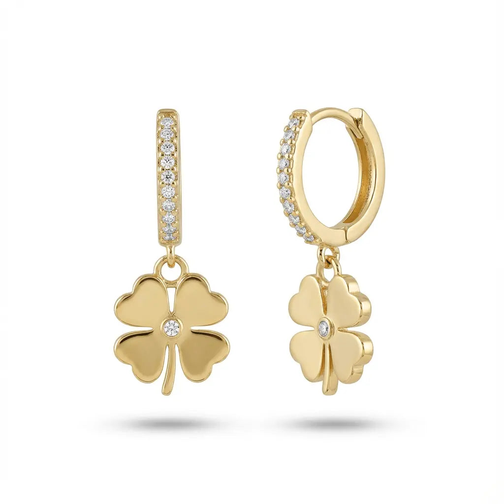 Solid Gold Earrings – Lucky Clover Drop Hoop | Gold | Majestic Jewellery
