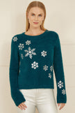 Yumi Teal Sequin Sneeuwvlok Pluizige Trui