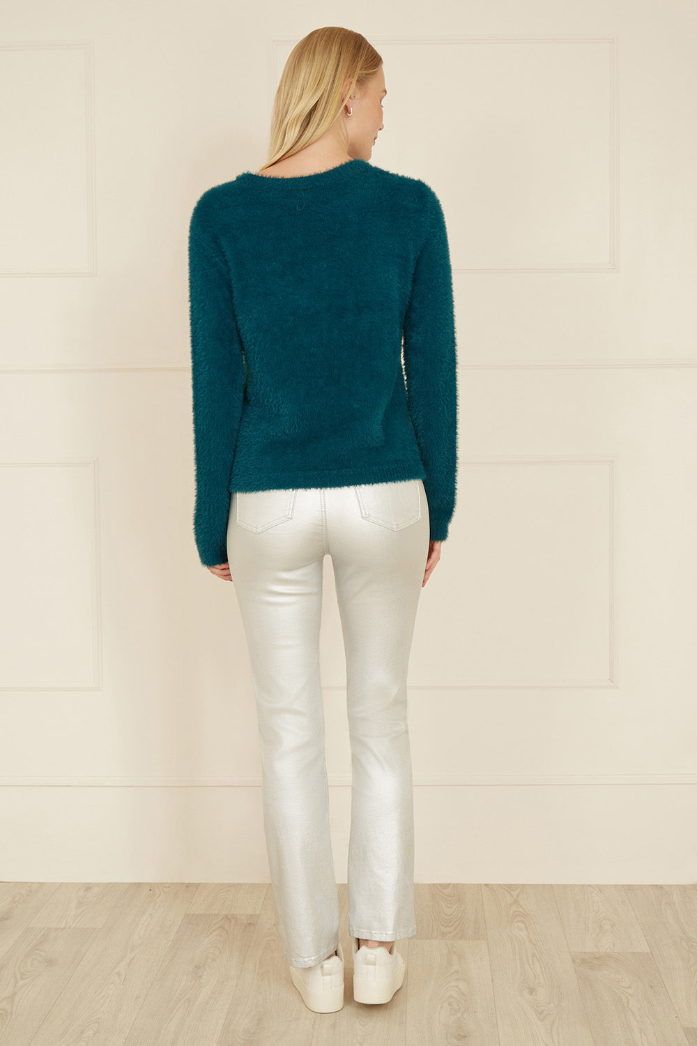 Yumi Teal Sequin Sneeuwvlok Pluizige Trui