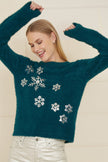 Yumi Teal Sequin Sneeuwvlok Pluizige Trui