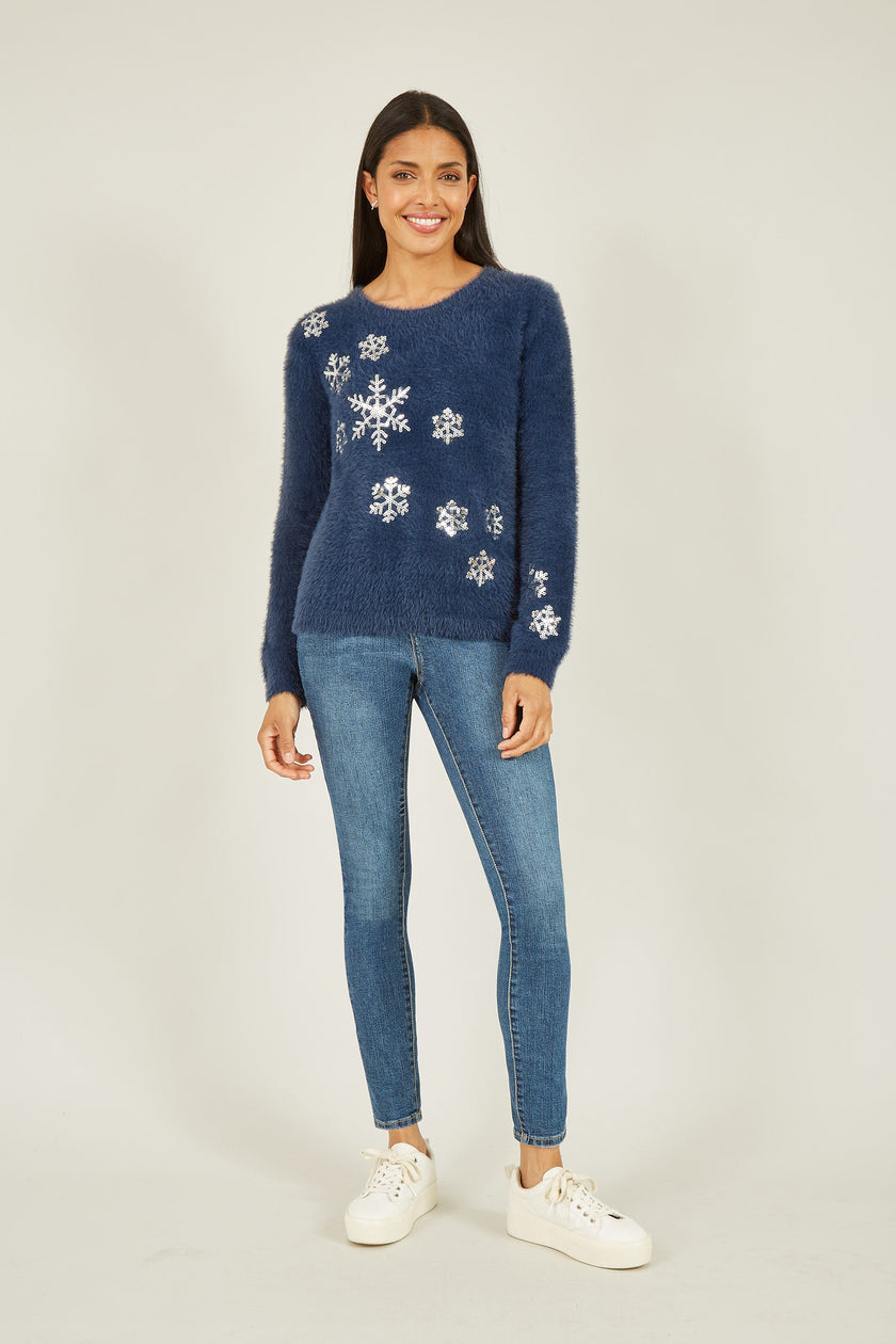 Yumi Navy Sequin Snowflake Fluffy Jumper