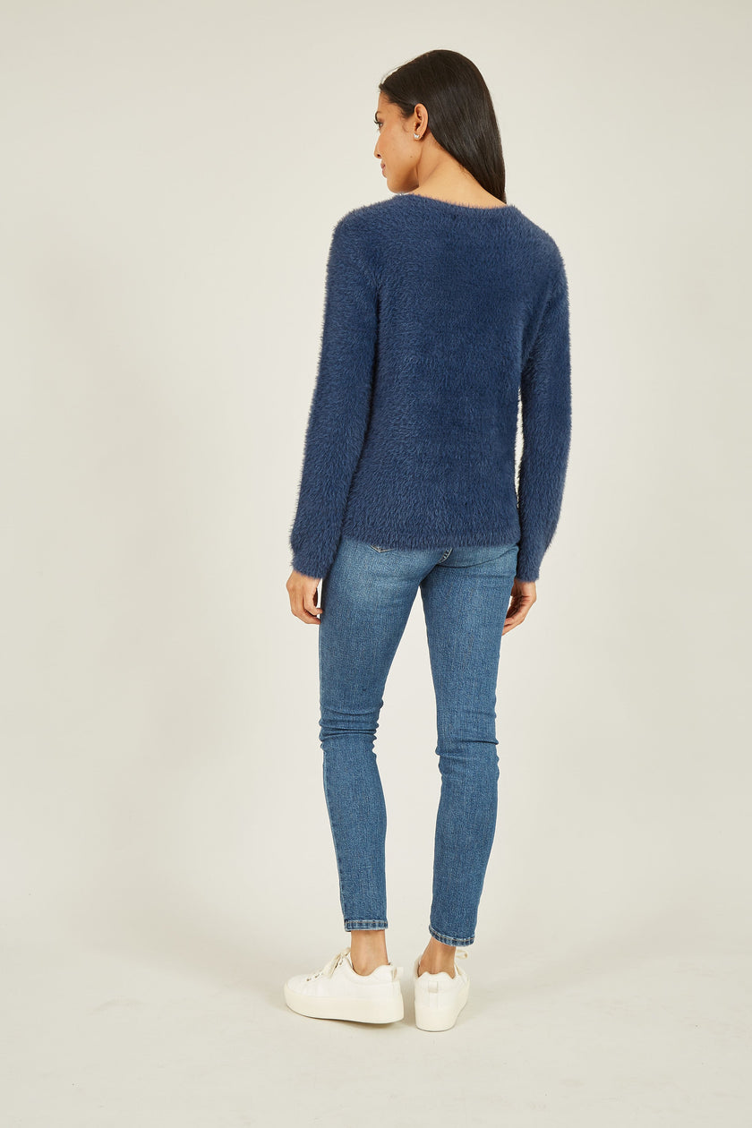 Yumi Navy Sequin Snowflake Fluffy Jumper