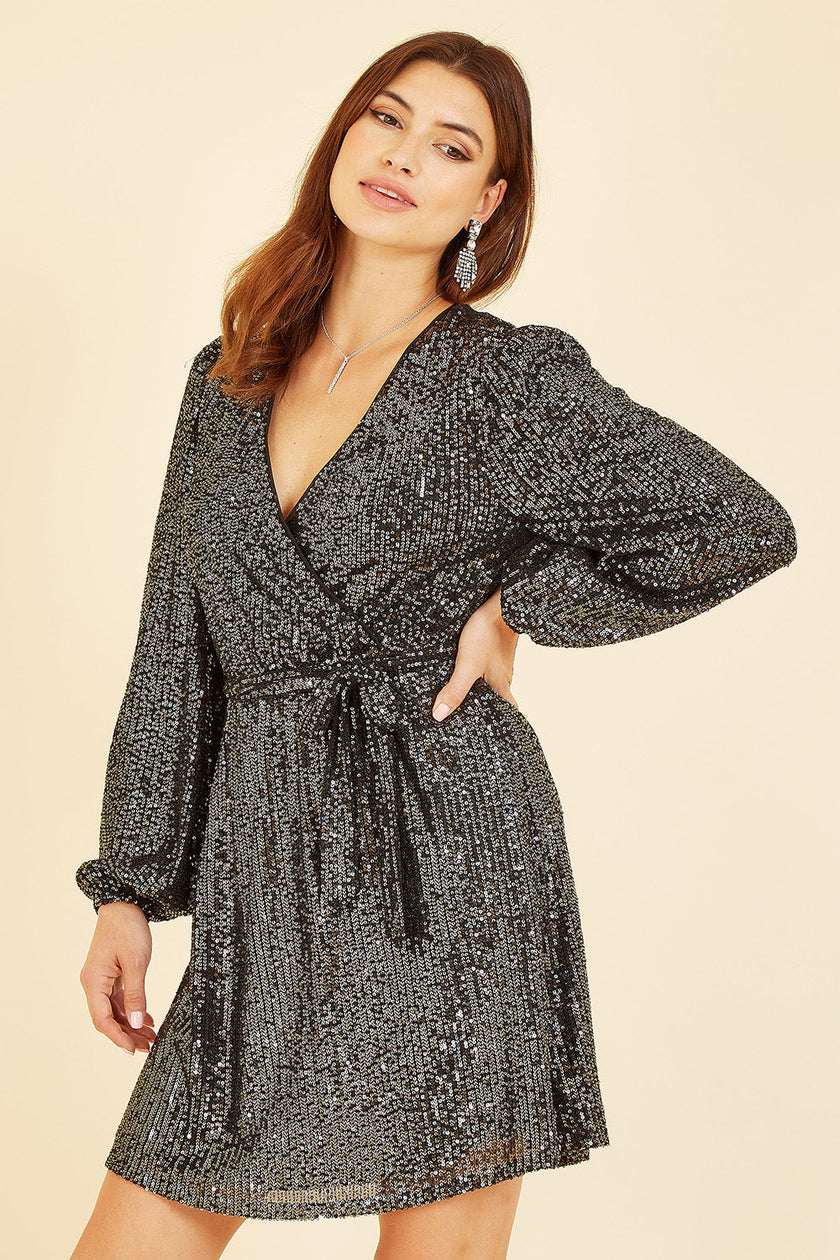 Mela Black Sequin Belted Wrap Long Sleeve Dress