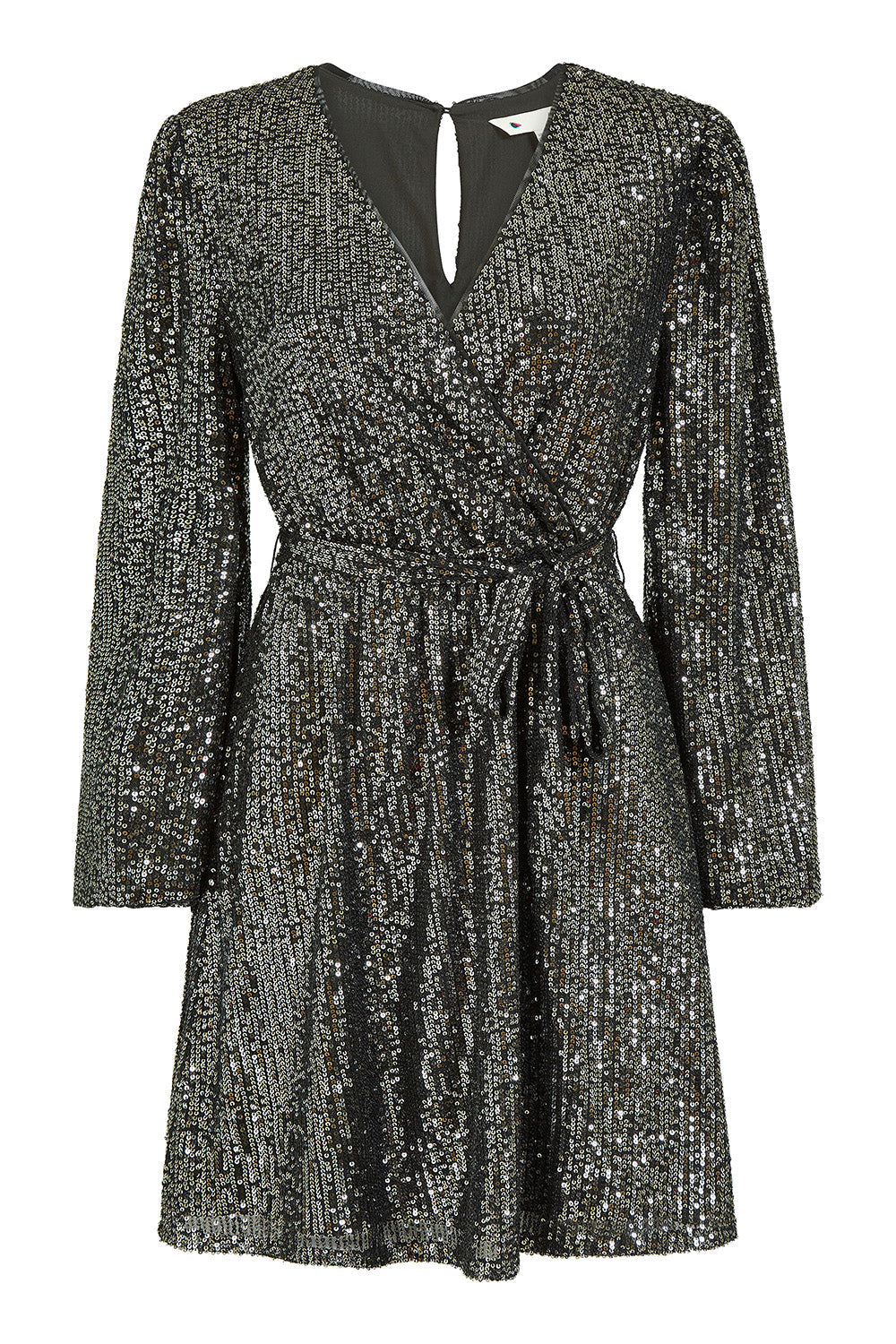 Mela Black Sequin Belted Wrap Long Sleeve Dress