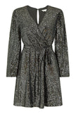 Mela Black Sequin Belted Wrap Long Sleeve Dress