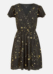 Mela Black Foil Star Print Wrap Skater Dress