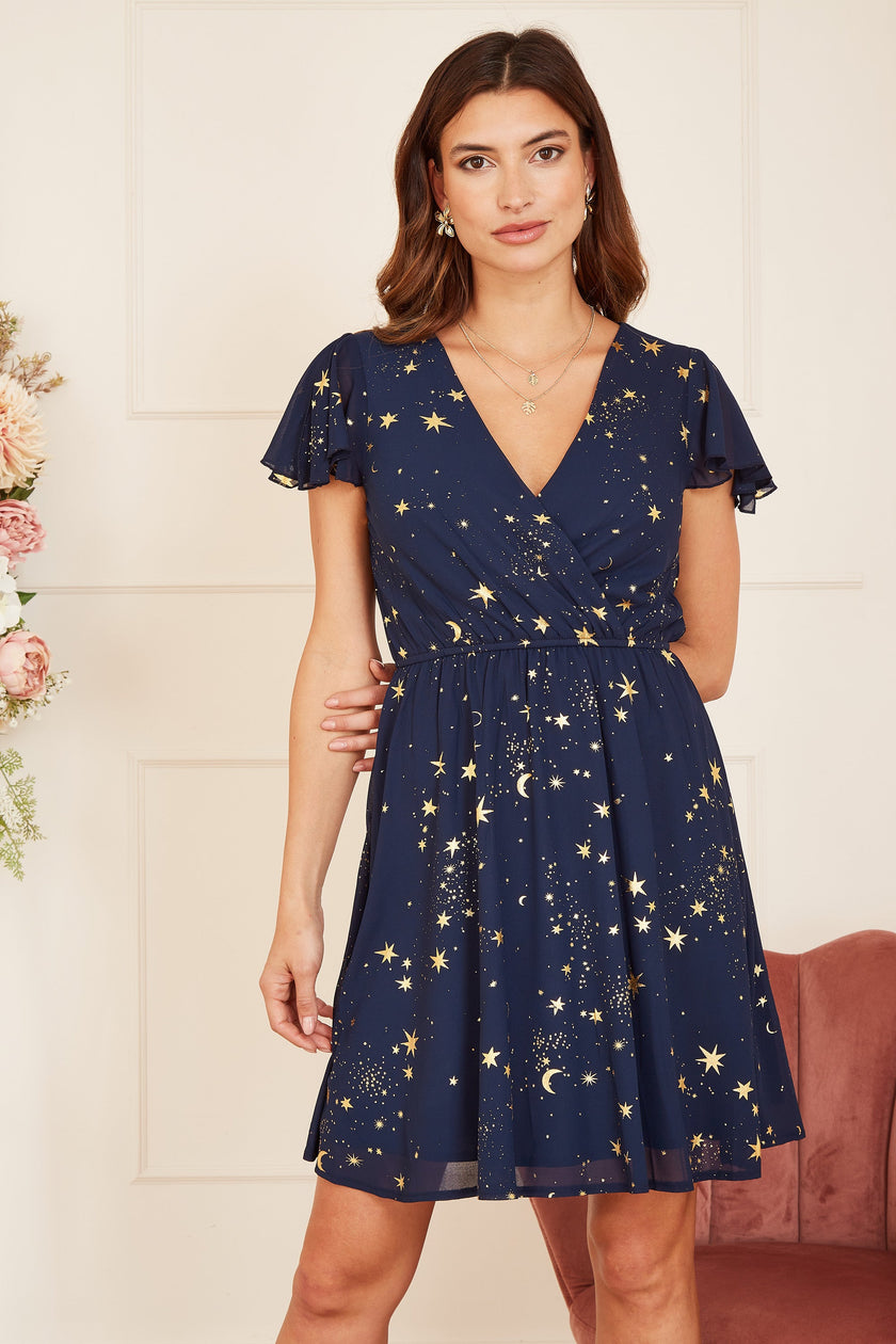 Mela Navy Foil Star Print Wrap Skater Dress