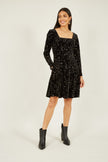 Yumi Black Star Foil Print Long Sleeve Skater Dress