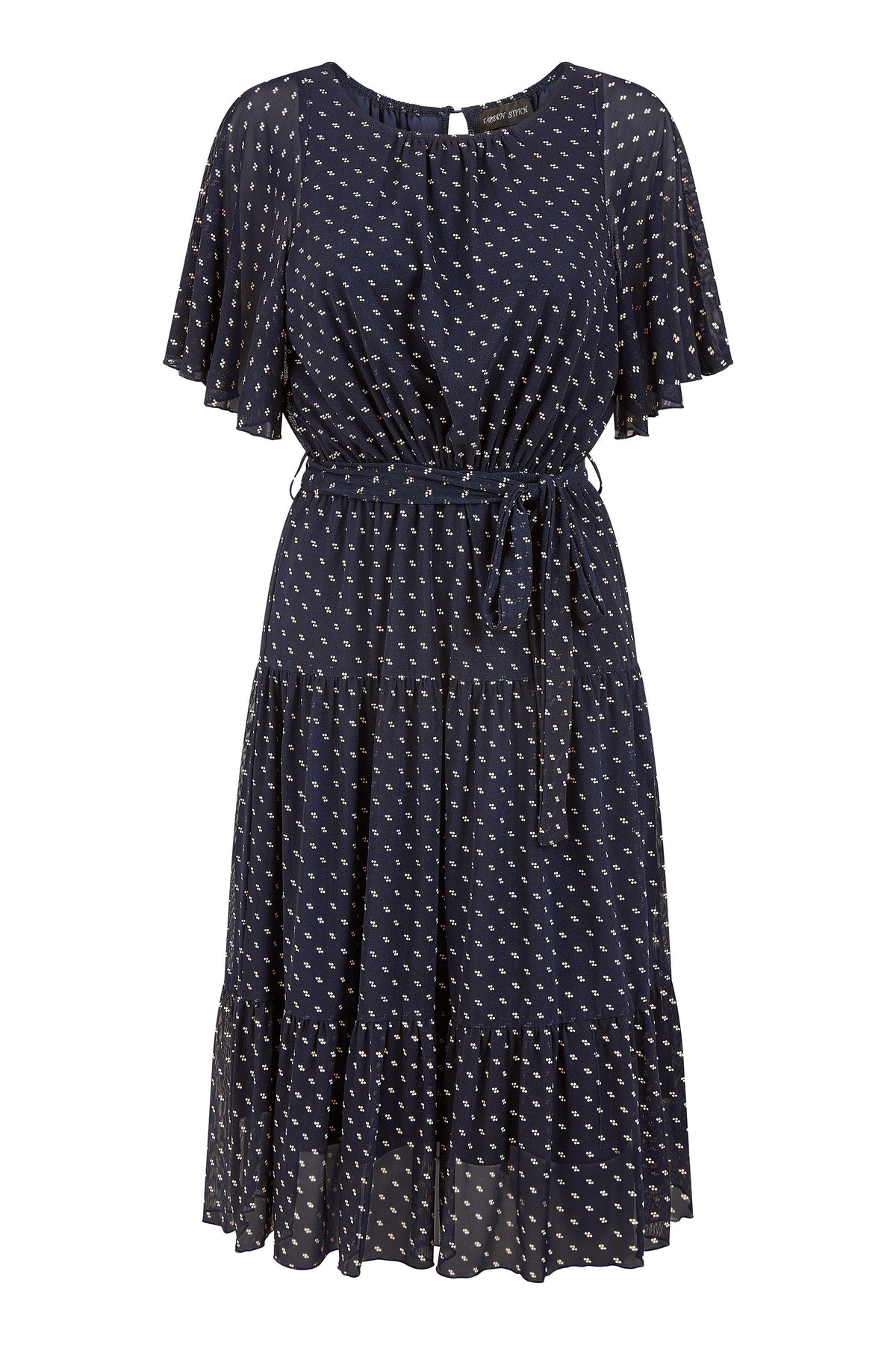 Yumi Navy Dot Print Mesh Stretch Midi Skater Dress
