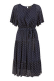 Yumi Navy Dot Print Mesh Stretch Midi Skater Dress