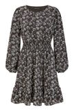 Mela Black Floral Print Ruched Waist Long Sleeve Skater Dress