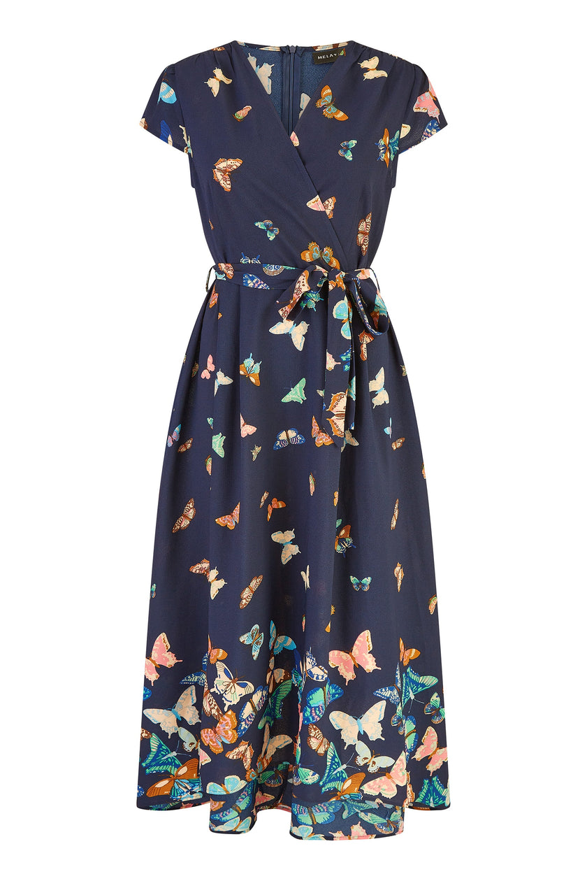 Yumi Navy Butterfly Print Dip Hem Midi Wrap Dress