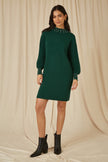 Mela Green Pearl Detail Knitted Relaxed Jumper Dress