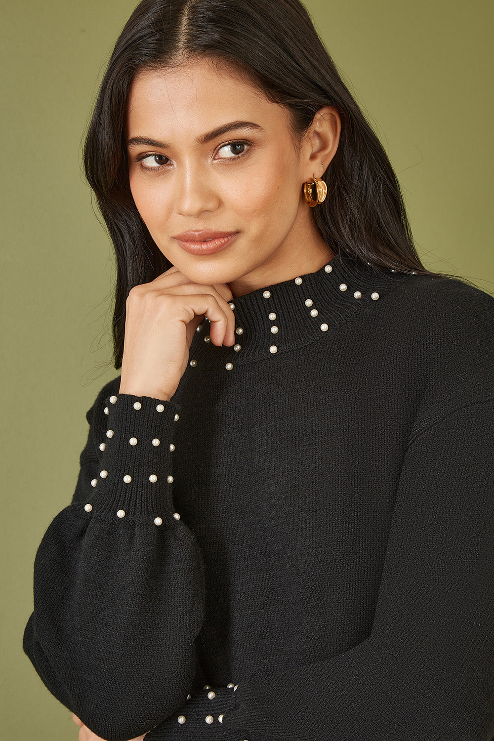 Yumi Black Pearl Detail Knitted Relaxed Jumper Dress