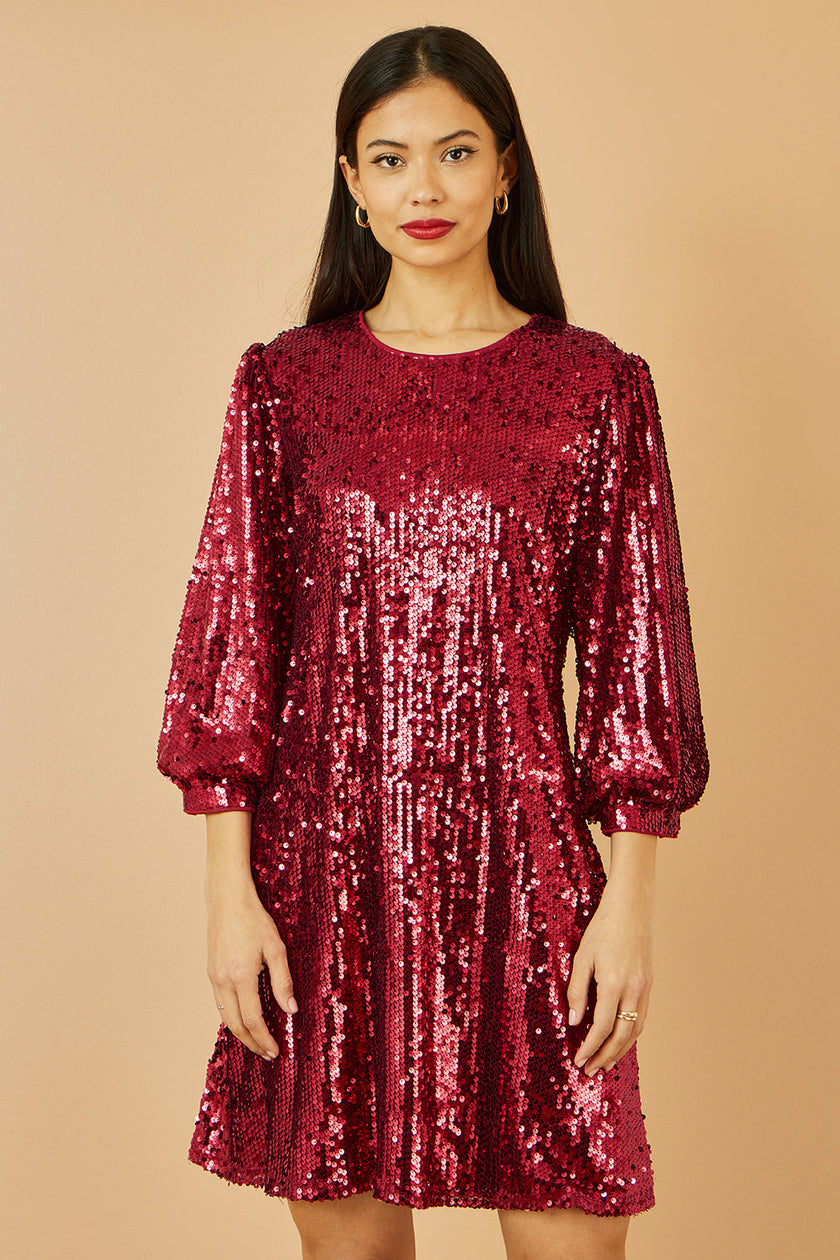Yumi Burgundy Sequin Tunic Dress With Balloon Sleeves