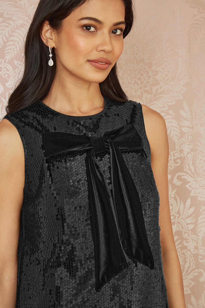Yumi Black Sequin Bow Tunic Shift Dress