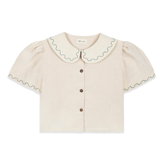 Frances Linen Cropped Blouse with Embroidered Trims - Natural