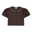 Frances Linen Cropped Blouse with Embroidered Trims  - Chocolate