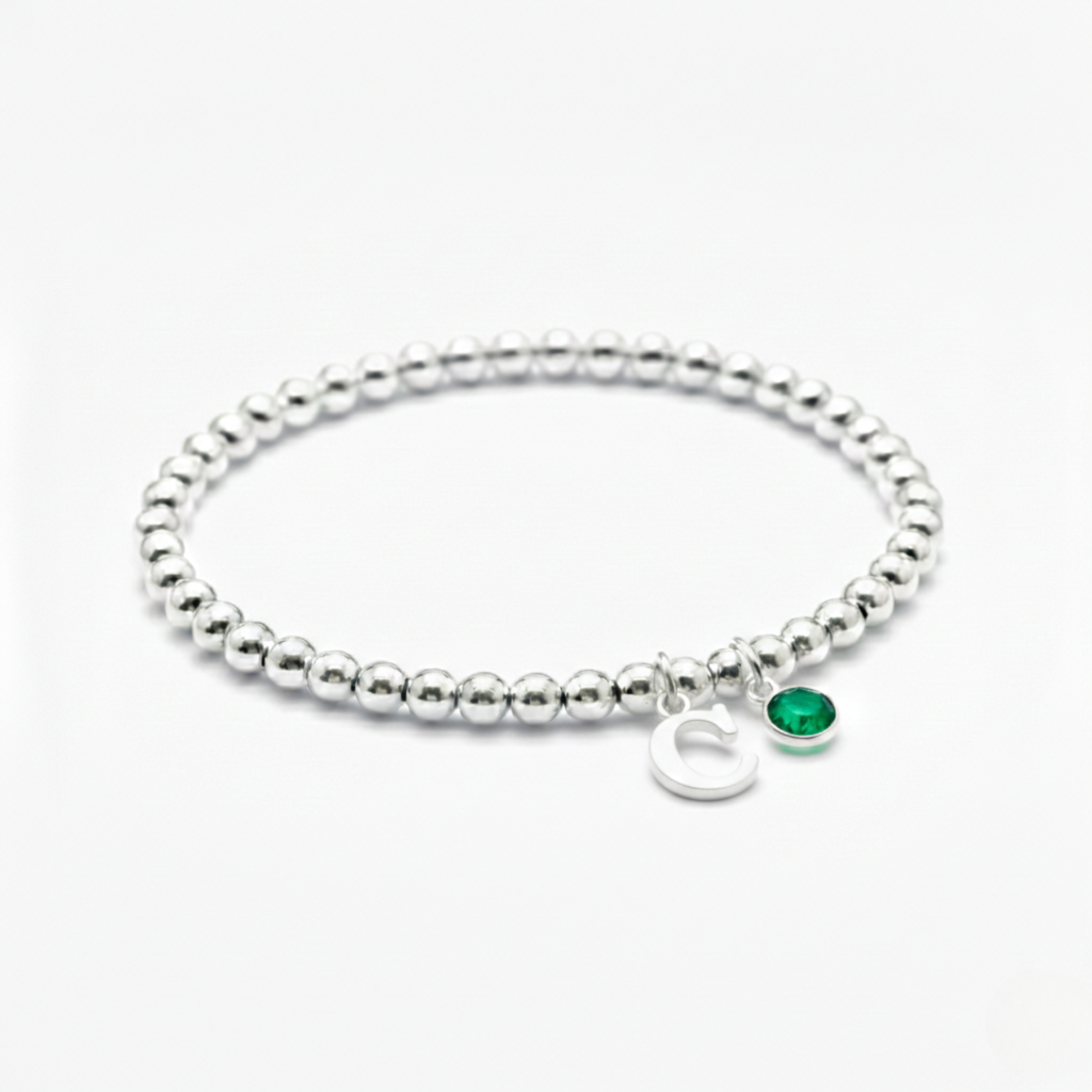 Personalised May Birthday Initial Letter & Birthstone Bracelet