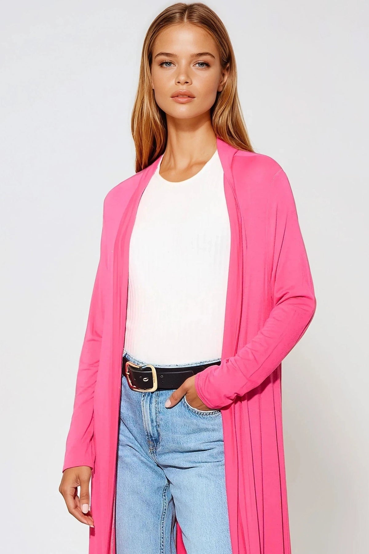 Cardigan lungo in jersey color fucsia
