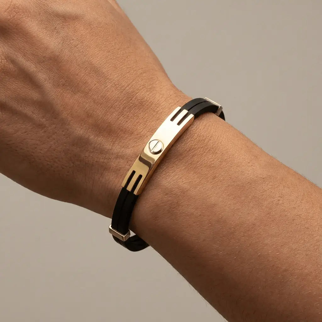 14K Gold Detail Bracelet – Modern Screw Detail Black | Braided Black Band | Majestic Jewellery
