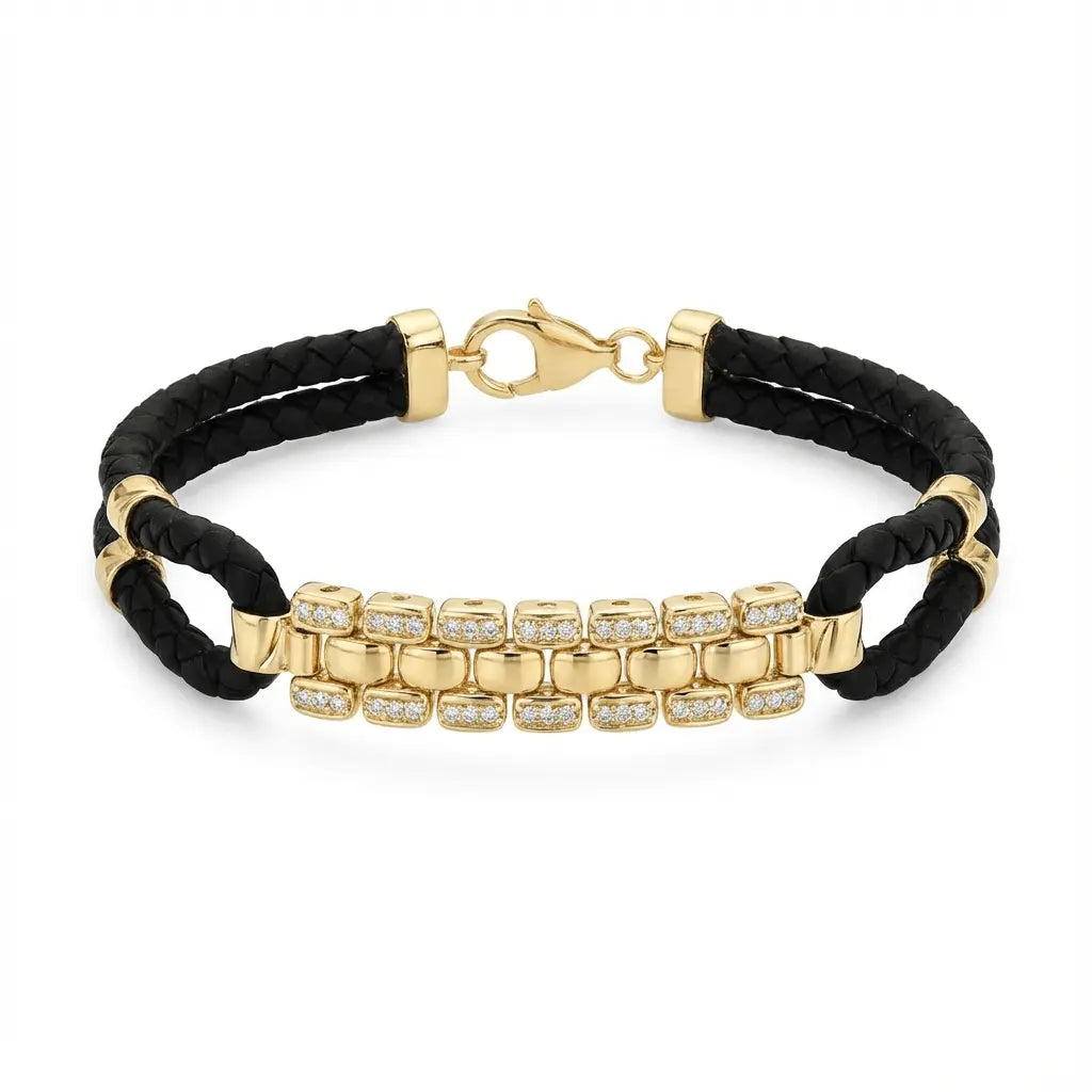 14K Gold Detail Bracelet – Golden Mosaic Braided | Braided Black Band | Majestic Jewellery