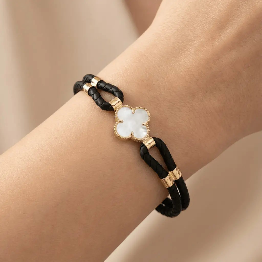 14K Gold Detail Bracelet – Mother of Pearl Clover Braided | Braided Black Band | Majestic Jewellery